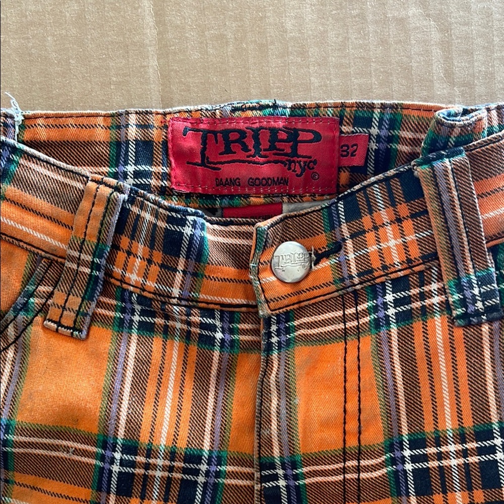 Tripp NYC Orange and Green Plaid Bondage Pants.